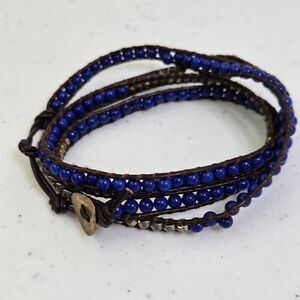 Vedahs Beaded Wrap Around Bracelet Blue Cord Silver Gold Tone Brown Boho